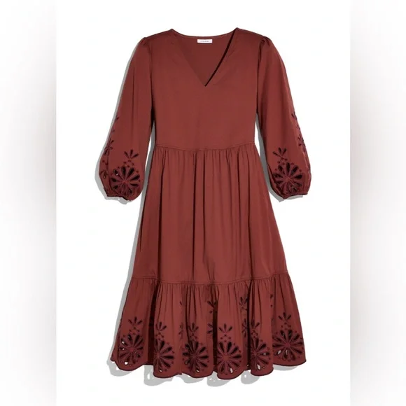 Chico's | Dresses | Chicos Poplin Eyelet Midi Dress Nwot Size 6  Brownburgundy Purple Stitching | Poshmark